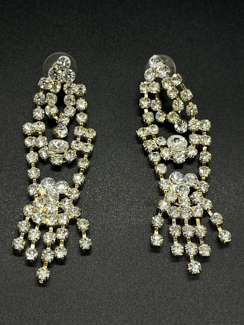 VINTAGE RHINESTONE CLEAR DROP DANGLE EARRINGS 3” Long