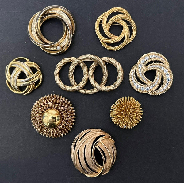 Vintage Metal Unsigned/Signed Brooch Pin Gold Tone Jewelry Lot Of 8