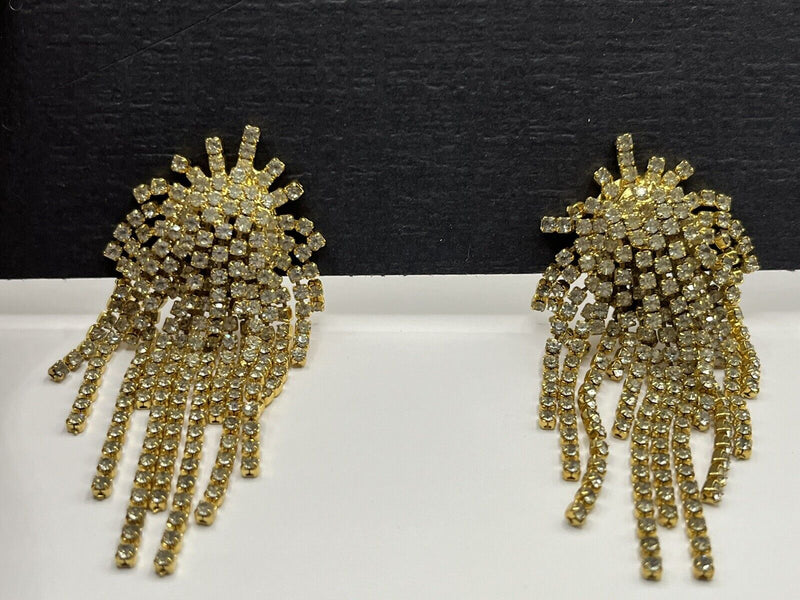 Vintage Chandelier Fountain Rhinestone Gold Tone Clip On Earrings~High End