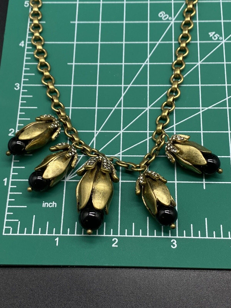 Floral Bead Rhinestone Statement Necklace Beautiful Gold Tone 18" NWOT