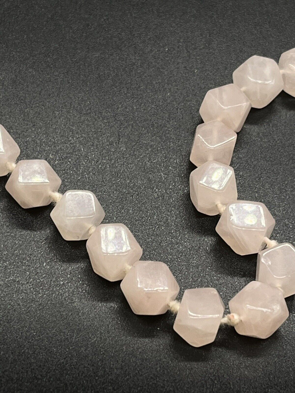 Vintage Pink Rose Quartz Hexagon Knotted Bead Necklace 34" Long
