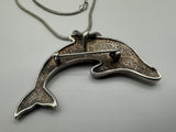 925 Sterling Silver Inlaid Gemstone Dolphin  Brooch Pendant 24Gs  Necklace 24”