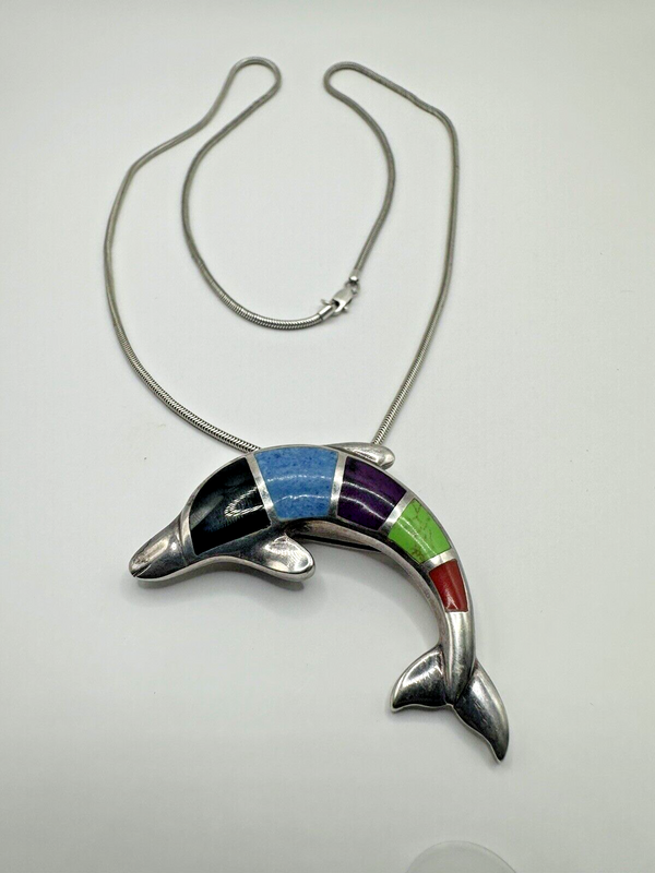 925 Sterling Silver Inlaid Gemstone Dolphin  Brooch Pendant 24Gs  Necklace 24”