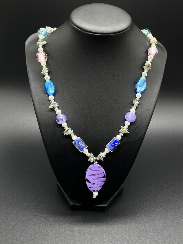 Vintage Art Foil Glass Beads Pendant Necklace 18" Long Purple Blue Pink