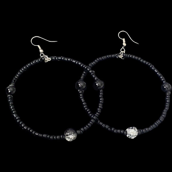 Hoop Black Seed Bead Hoop Earrings 2.5"