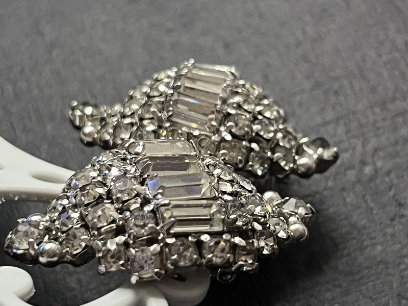 Vintage High-End Domed Baguette Elegant Rhinestone Clip On Earrings 1.5"