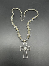 Vintage Silver Tone Filigree Cross Pendant Bead Necklace 19”