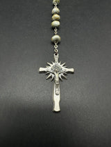 Catholic Rosary Stone Bead Silvertone Necklace 30”
