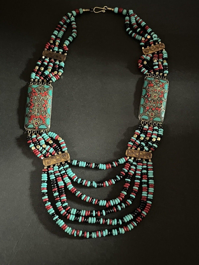 Large Multi Color Boho Beautiful Stunning Multi-Layer Glass Bead Necklace