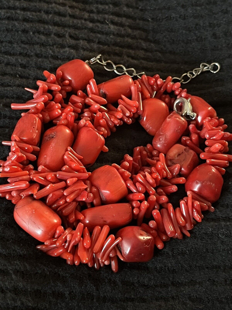 Red Coral Nugget Branch Silver Tone 18"  Necklace