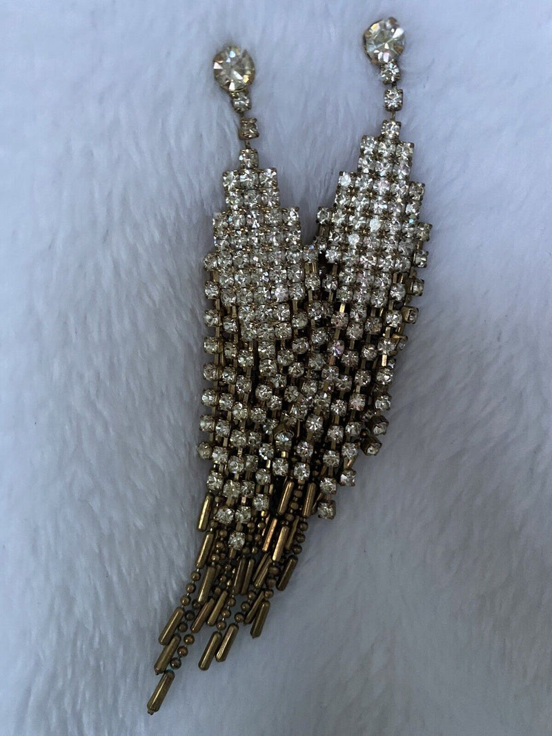 Vintage Gold Tone Rhinestones Dangle  Chain Earrings 3.5" long