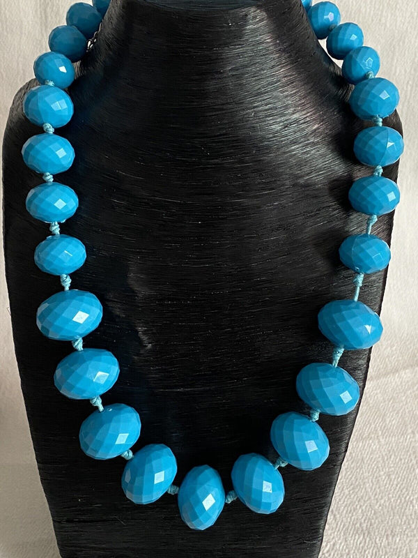 Chunky Faceted Plastic Blued Graduated Beads Knotted Necklace 22" Long