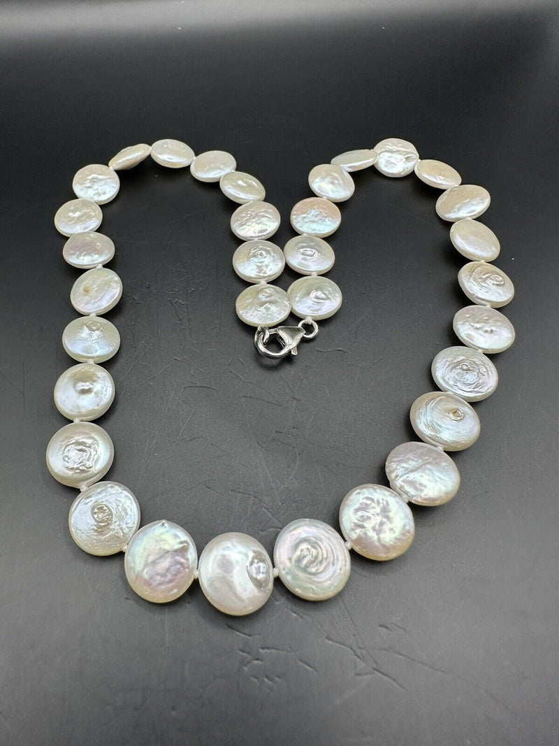 Natural 11-12mm White Freshwater Cultured Flat Coin Pearl Sterling Necklace 18''