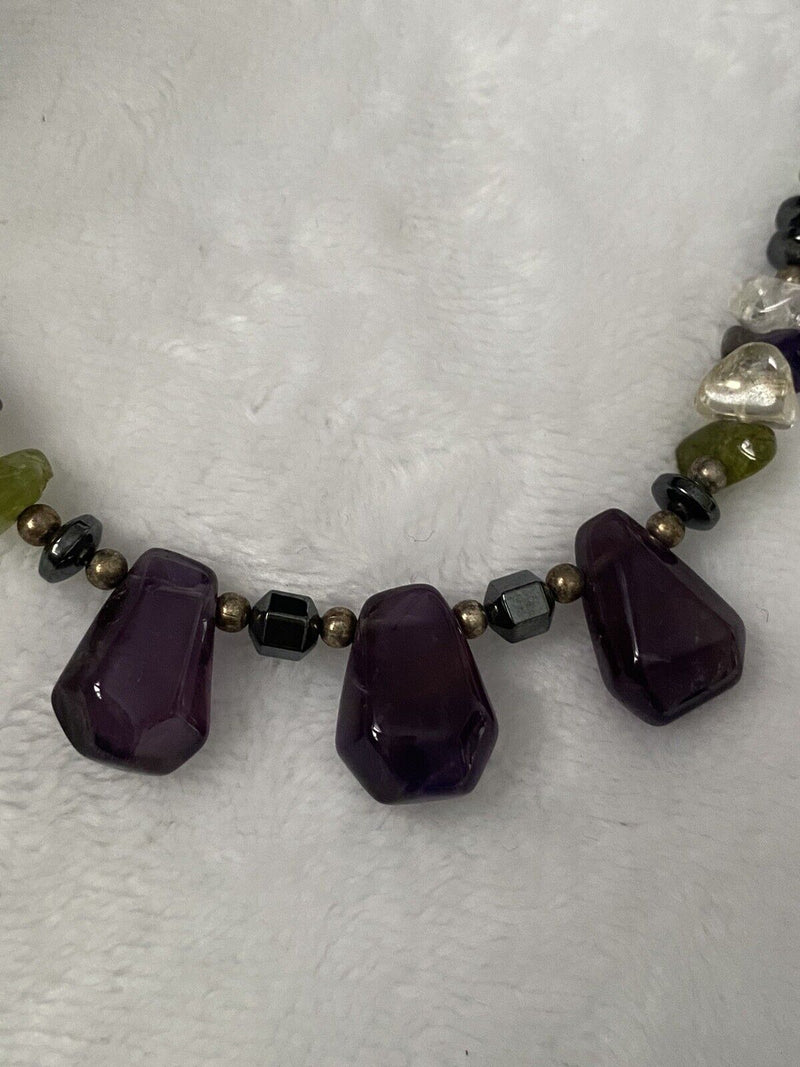 Vintage Purple Amethyst Heishi Shell Hematite Gemstone Bead Necklace 19" long