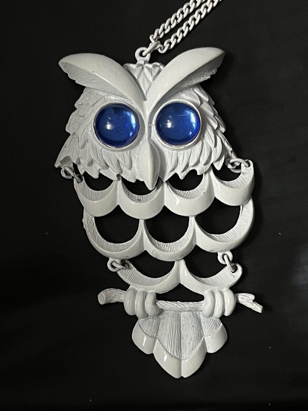 White Chain Large Pendant OWL  Statement Necklace 26” Long