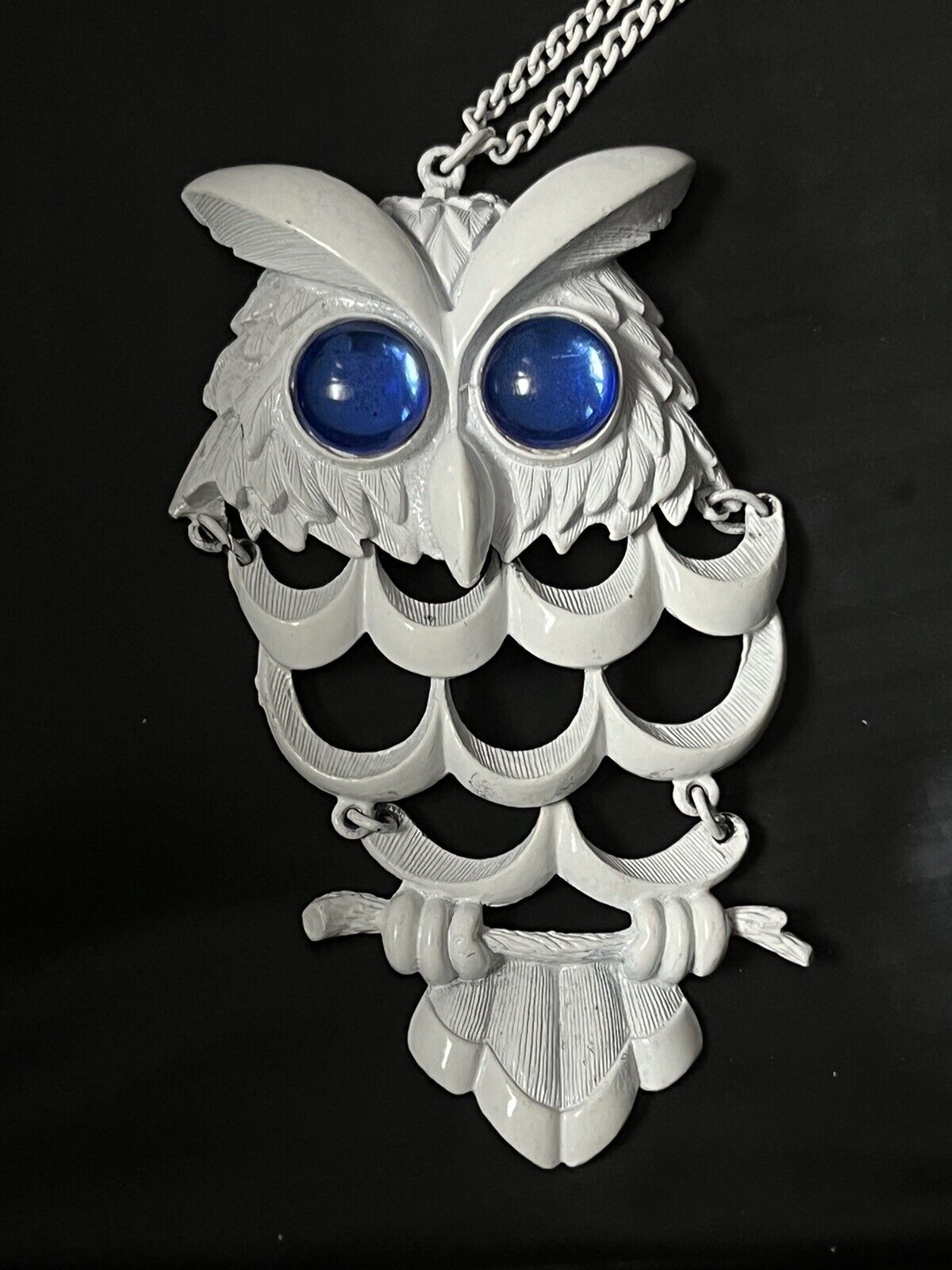 White Chain Large Pendant OWL  Statement Necklace 26” Long