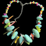 Faux Turquoise Mother Of Pearl Multi Stone Necklace 16-18” Long