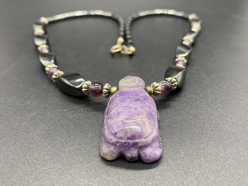 Amethyst Turtle Hematite Bead Necklace 20”