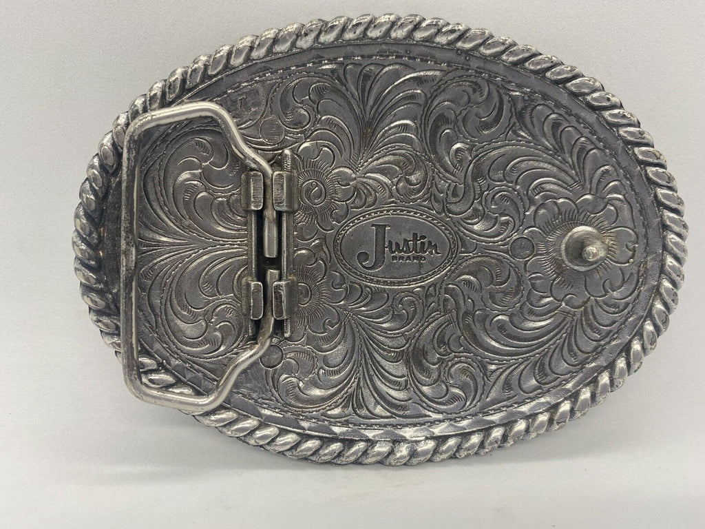 JUSTIN BRAND SILVER TONE WESTERN BELT BUCKLE