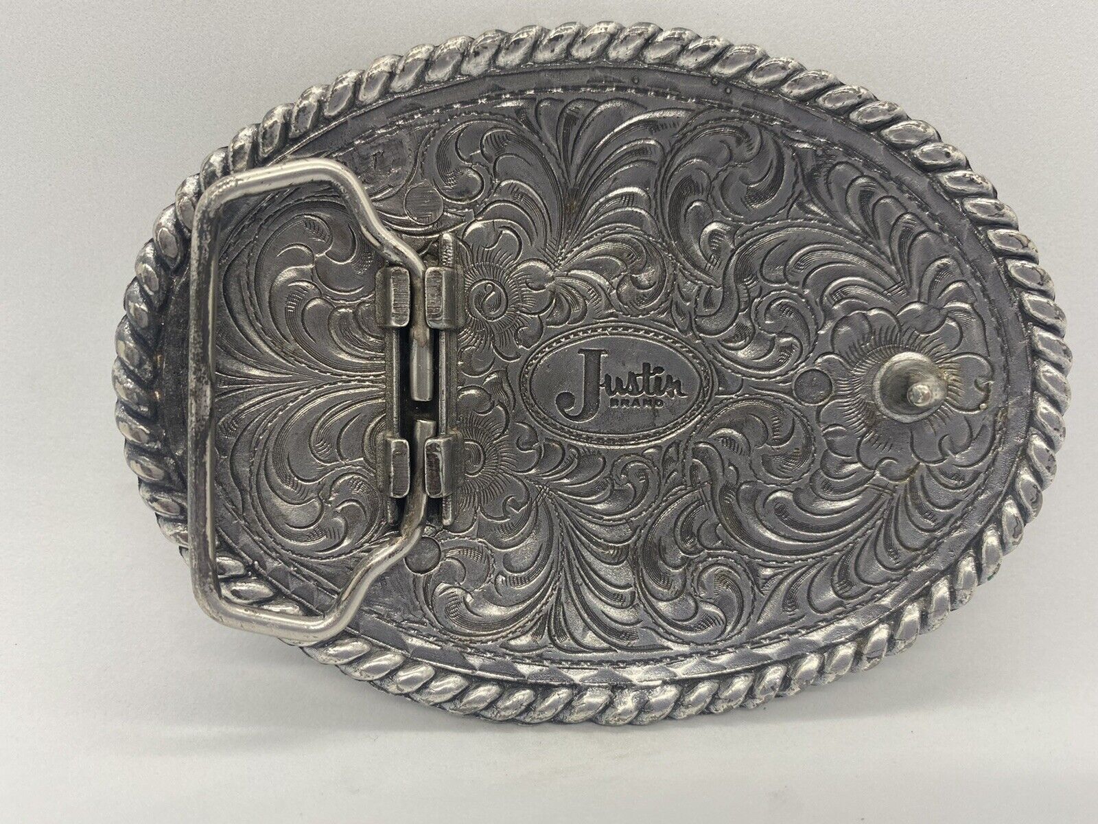 JUSTIN BRAND SILVER TONE WESTERN BELT BUCKLE