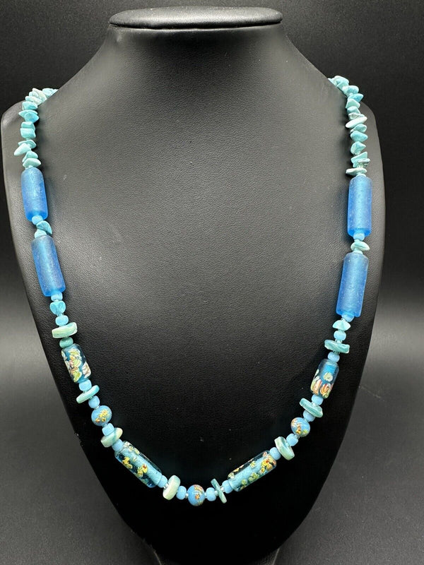 Vintage Murano Art Blue Glass Beaded Necklace 28”